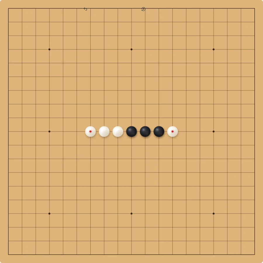 A live Connect6 position on this site with White defending both ends of a central Black line